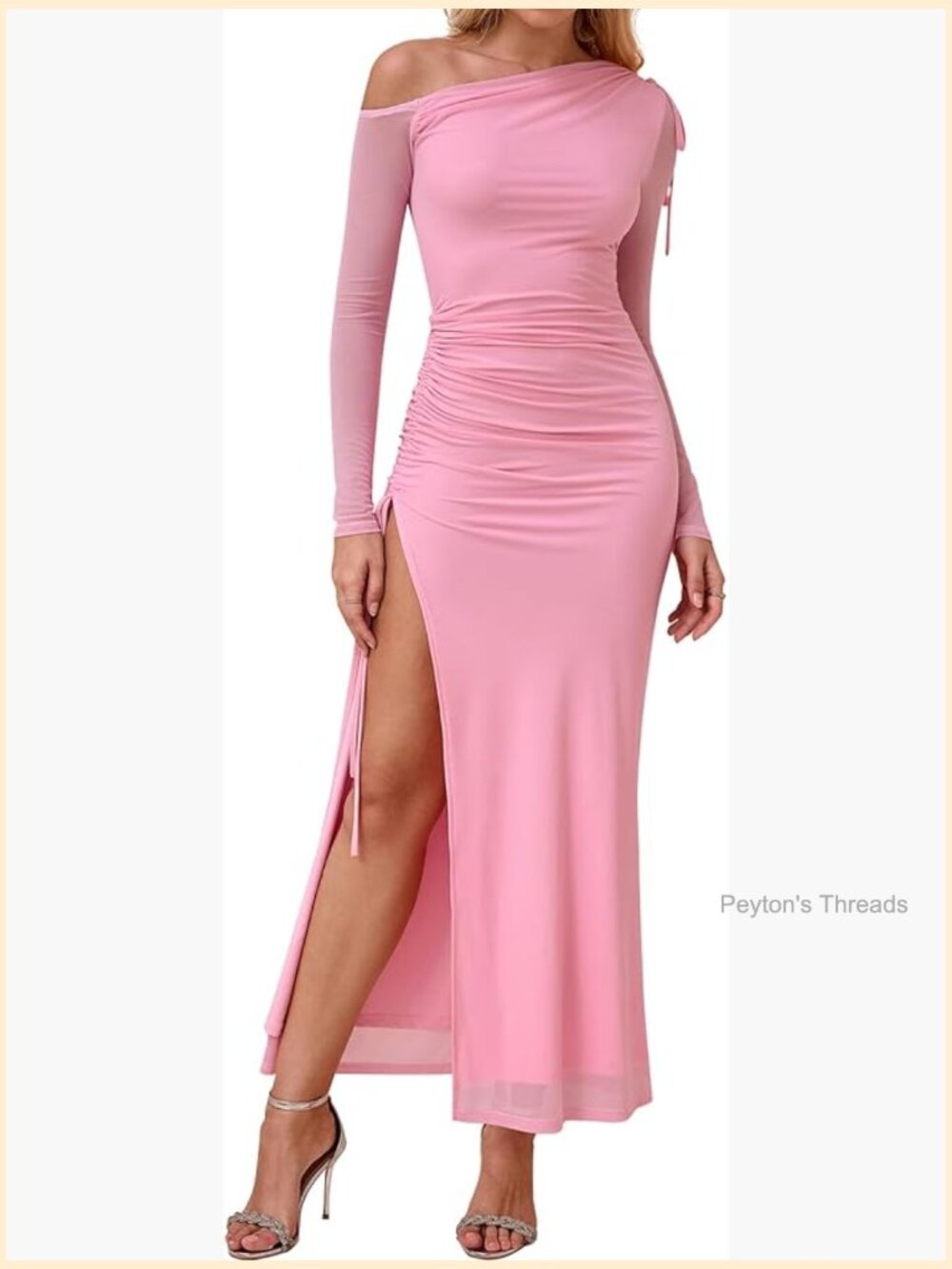 One Shoulder Long Sleeve Maxi Dress Bodycon Ruched Split Formal